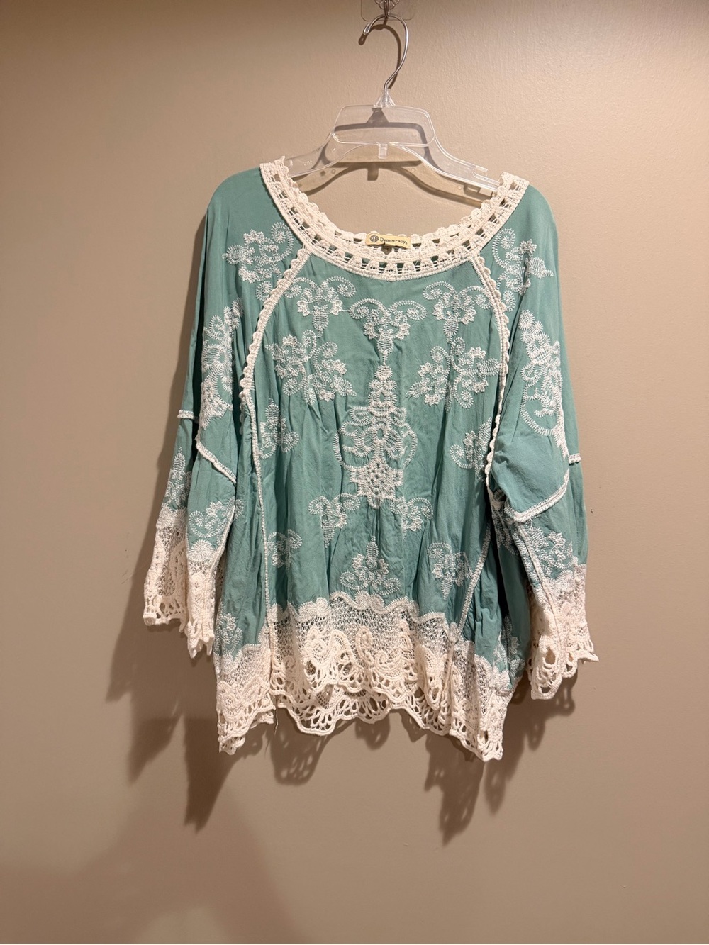 Democracy Seafoam Green Embroidered Crochet-Trim Tunic